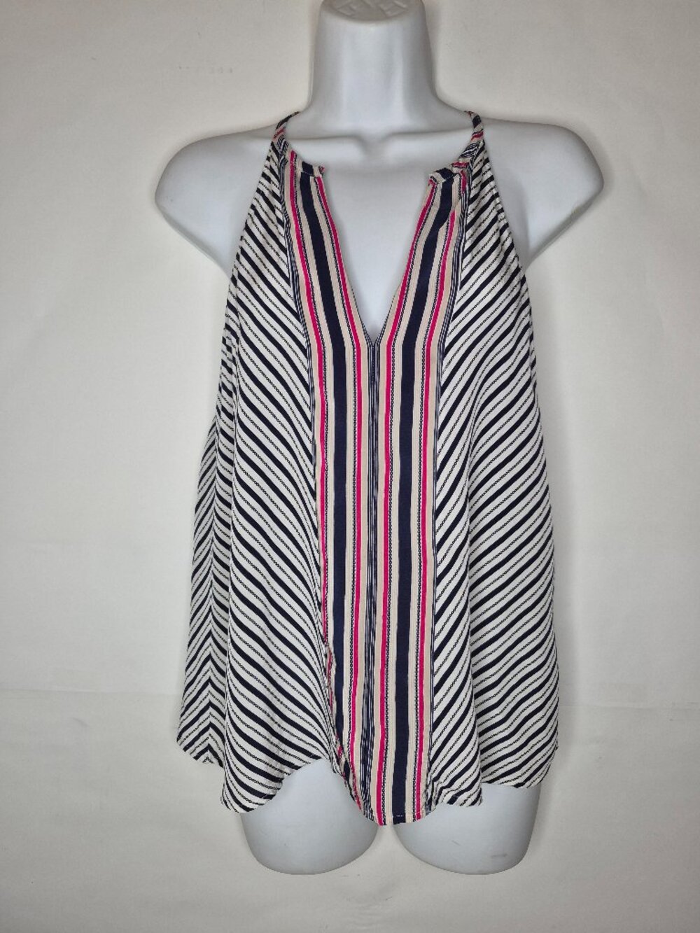 Joie Womens XS Silk Sleeveless Racer Back Blue Red White Stripe Tank Top Blouse